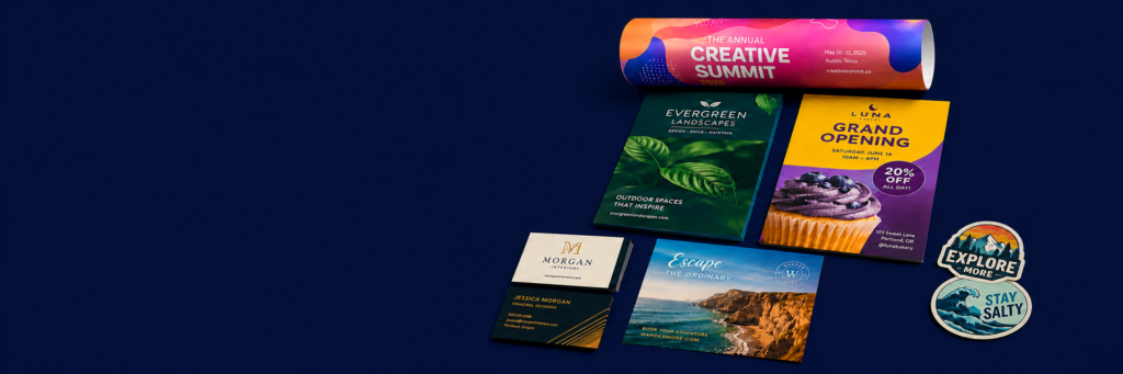 Assortment of Migo print products on a navy background