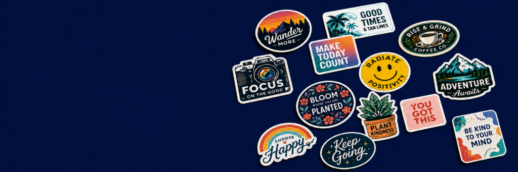 Custom die-cut stickers in various shapes on a navy background