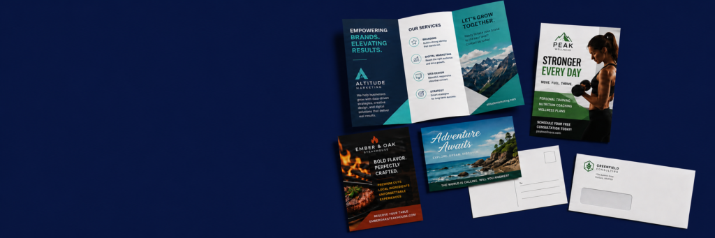 Brochures, flyers and postcards on a navy background
