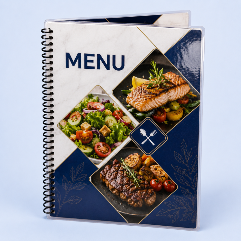 Laminated Spiral Menus: restaurant marketing materials by Migo